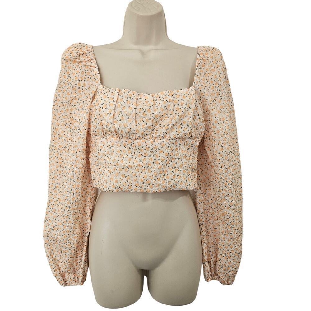 ELODIE Danity Floral Balloon Sleeve Crop Top Yellow Size S